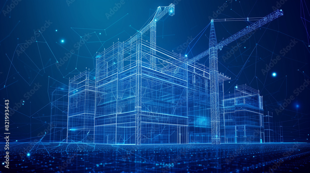Poster a blue building with a crane in the background. the building is made of lines and dots, giving it a 