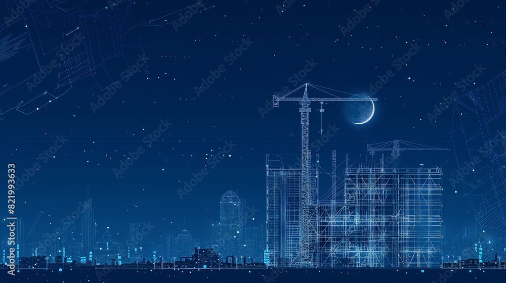Poster a blue building with a crane in the background. the building is made of lines and dots, giving it a 