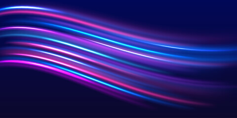 High speed effect motion blur night lights blue and red. Magic shining neon light line trails. Luminous bright background. Magic of moving fast lines. Laser beams, horizontal light rays.