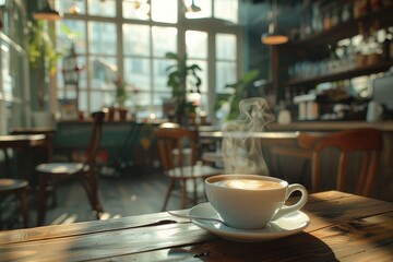 A white coffee cup with steam rising from it sits on a wooden table in a cafe