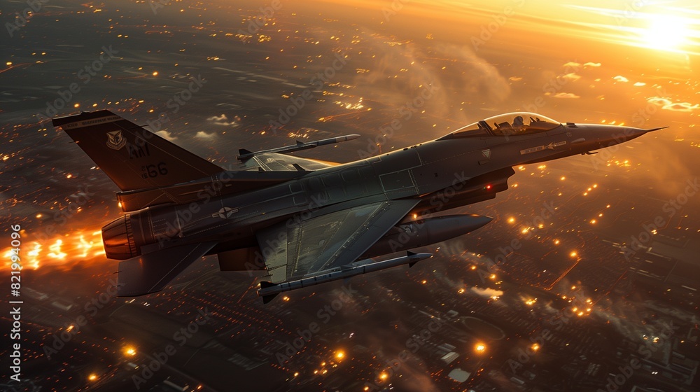 Wall mural a glossy black fighter jet on fire, maneuvering sharply above an urban landscape at sunset