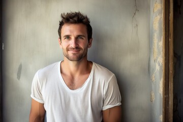 Portrait of a tender man in his 30s smiling at the camera over bare concrete or plaster wall