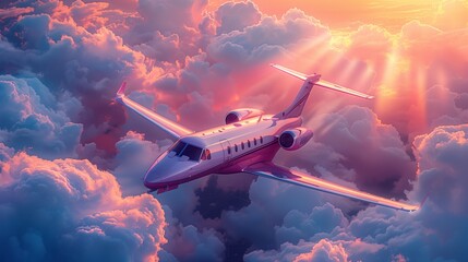 A flaming pink private jet racing through a rainbow-streaked sky after a storm,