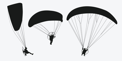 Paramotor set silhouette. Extreme sport. Isolated on white background. Vector illustration.