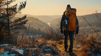 Fototapeta premium Hiking trip. Mountains landscape. Illustration generated by ai