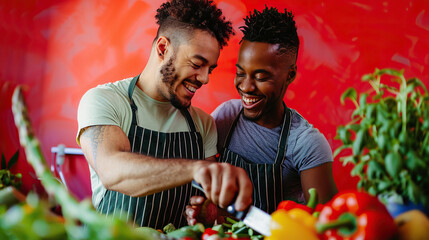 Two man are cooking food in the kitchen with vibrant red wall color