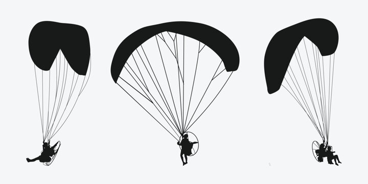 Paramotor set silhouette. Extreme sport. Isolated on white background. Vector illustration.