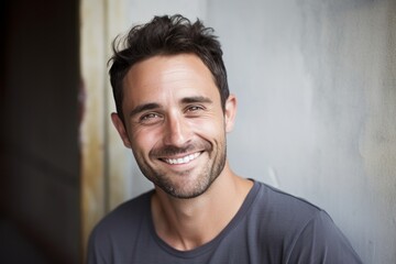 Portrait of a cheerful man in his 30s smiling at the camera over bare concrete or plaster wall