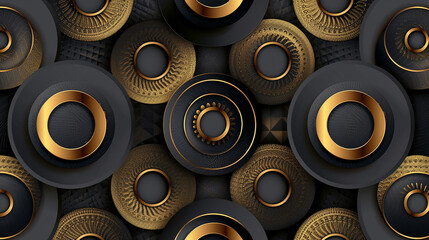 Abstract luxury circles, gold and black geometric background pattern.