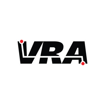 VRA brand name initial letters monogram with red dot. Art work