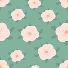 Pink naive flowers seamless pattern. Floral endless background. Flower ornament tile. Childish botanic repeat cover. Vector flat hand drawn illustration.