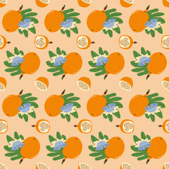 Granadilla half and whole fruit seamless pattern. Tropical fruits and leaves endless background. Yellow passion fruit repeat cover. Exotic sweet grenadia loop ornament. Vector illustration.