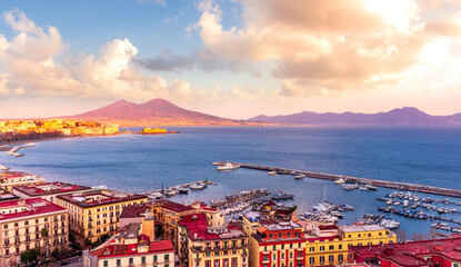 amazing Naples landscape of Vomero hill with beautiful streets and buildings of Napoli city, blue...