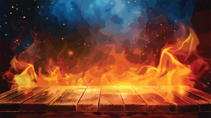 Wooden table on flame and smoke background. Vector 