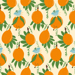 Sweet granadilla fruit grow seamless pattern. Tropical fruits endless background. Yellow passion fruit repeat cover. Exotic passiflora ligularis loop ornament tile. Vector hand drawn flat illustration