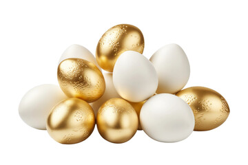 Sparkling Treasures: A Whimsical Harmony of Gold and White Eggs on a Clear PNG or White Background.