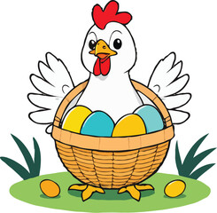 Happy Easter chicken in a basket filled with colorful eggs
