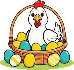 Happy Easter chicken in a basket filled with colorful eggs