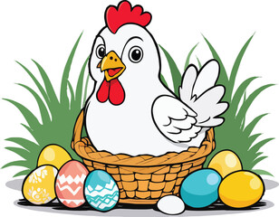 Happy Easter chicken in a basket filled with colorful eggs