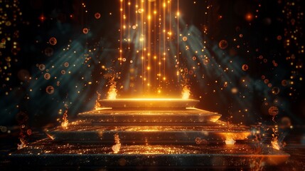 Amidst the darkness, a resplendent podium stands tall, illuminated by cascading golden light rays and embellished with intricate bokeh decorations and subtle fire elements.