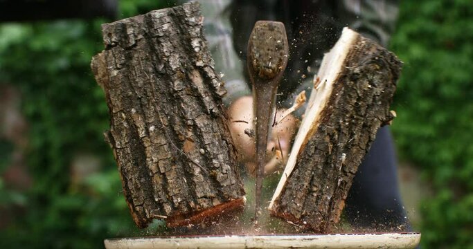 Super slow motion close up of lumberjack in checkered shirt with sharp axe hatchet with wooden handle chops tree trunk with flying wood pieces outdoors at 1000 fps.