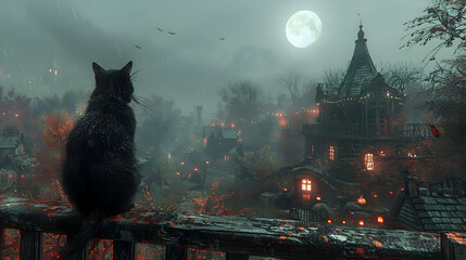 A Halloween night scene with a black cat sitting on a fence, illuminated by moonlight and surrounded by eerie decorations