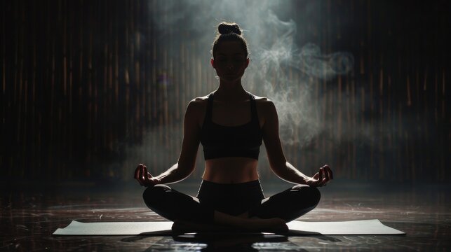 A woman peacefully practicing yoga in a dark setting
