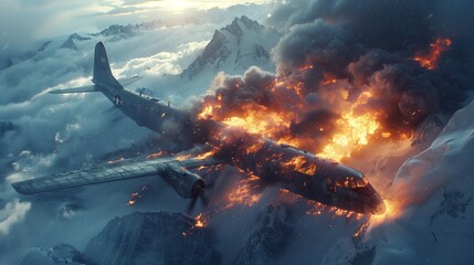 A navy military transport plane engulfed in flames during a high-altitude mission over snowy mountains