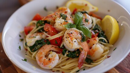 Enjoy a classic Italian seafood dish of spaghetti topped with succulent shrimp, juicy tomatoes, aromatic garlic, vibrant spinach, and a refreshing squeeze of lemon.