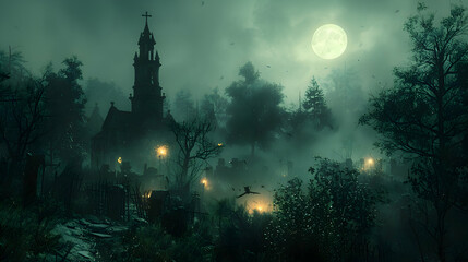 A Halloween night scene with shadowy figures lurking in the misty forest, illuminated by moonlight and eerie lights