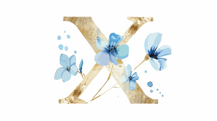 X letter with blue flowers gold monogram initial hand