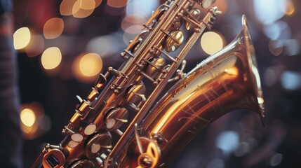 A close up of a gold colored saxophone