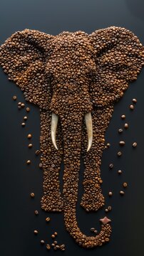 A profile view of a unique coffee bean elephant sculpture on a dark background, showcasing detailed craftsmanship.
