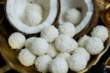 Coconut halves in a bowl