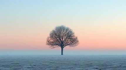 Generate a high-quality image of a tree with a blue sky and a pink sunset. Make the tree look lonely. Don't add any animals or people.