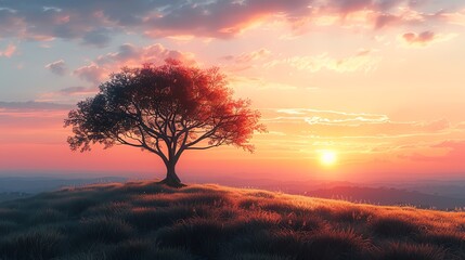 Obraz premium A beautiful sunset over a lonely tree on a hill