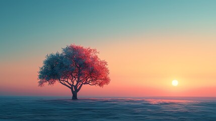 Obraz premium A single cherry blossom tree stands in a field of snow