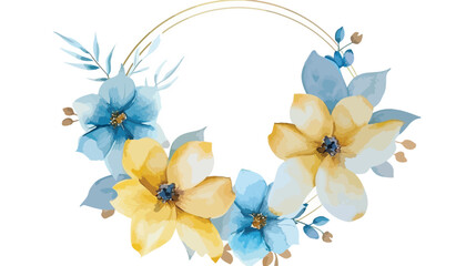 Watercolor yellow blue flower wreath with circle for