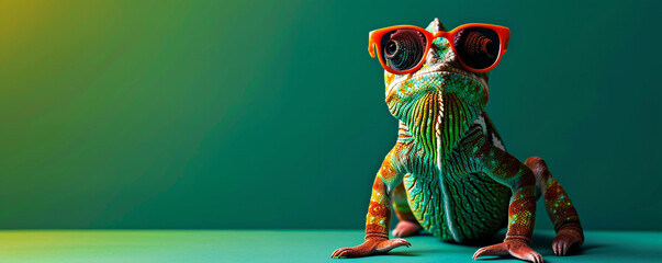 colorful chameleon with sunglasses on green background, banner with copy space area, copy text...