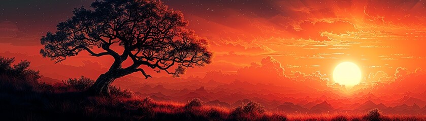 A beautiful landscape of a lonely tree in the middle of a vast plain during sunset