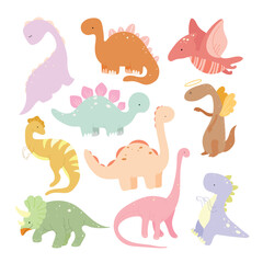 Set with cartoon colorful dino, ten cute dinosaurs in pastel colors. Vector illustration.