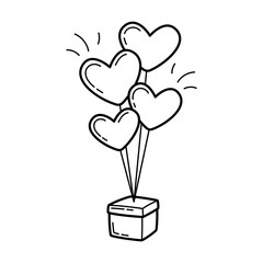 Gift with balloons hearts. Wedding item. Simple linear hand drawn doodle illustration