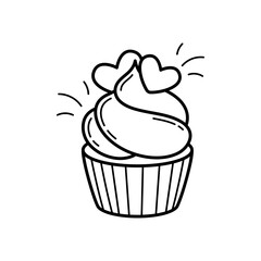 Cupcake with hearts. Wedding item. Simple linear hand drawn doodle illustration
