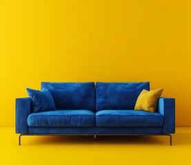 3d render of blue sofa on yellow background