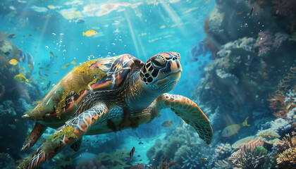 Obraz premium Green sea turtle swimming underwater - ai generative