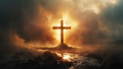 Fototapeta premium A wooden cross is standing in a field of yellow flowers