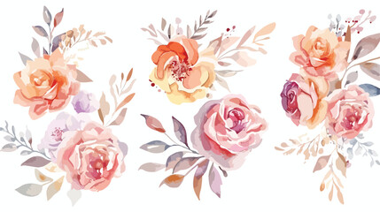 Watercolour Floral Bouquets Peach Pink Roses Summer A