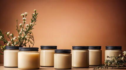 Row of lot soy wax candles in glasses jars with black lids on table in beige background with small flowers Gypsophila