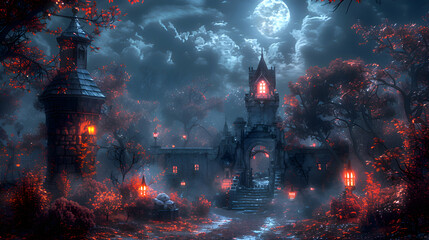 Naklejka premium A Halloween night scene with a vampire lurking in the shadows, illuminated by moonlight and surrounded by eerie decorations