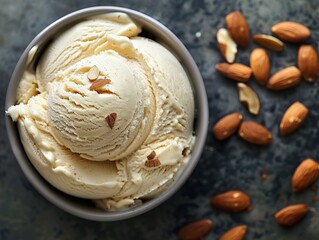 Overhead shot of light beige ice cream in a grey pot with almonds on background 
